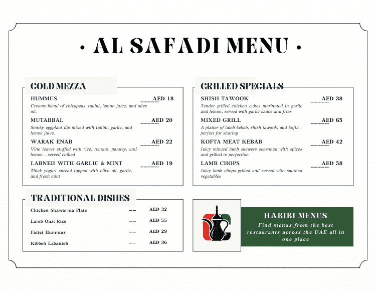 Al Safadi Updated Menu