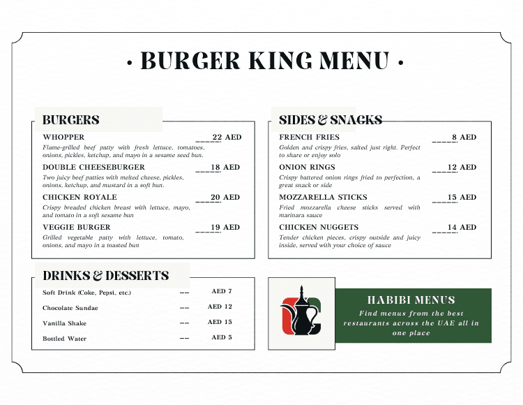 Updated Burger King UAE Menu