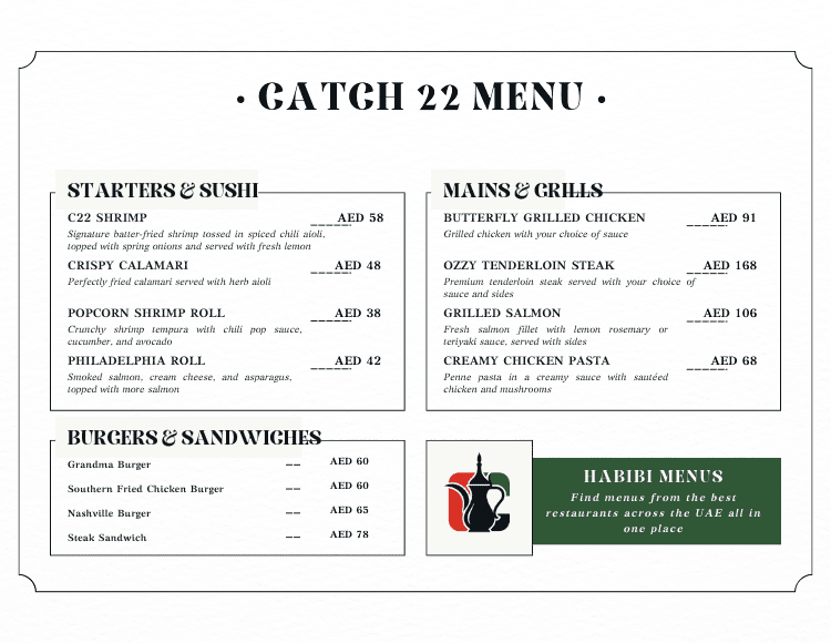 Catch 22 UAE Updated Menu