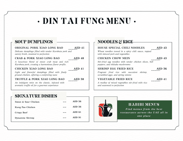 Din Tai Fung UAE Menu 2025 Dumplings, Soups & Full Price List with Calories